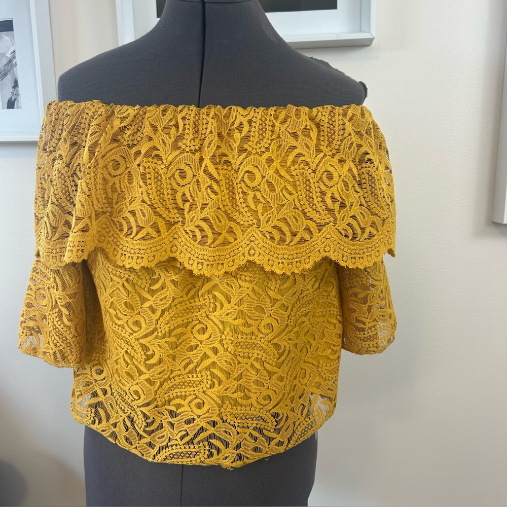 Mustard Yellow Lace Off-Shoulder Flared  Bell Sleeve Cropped Top